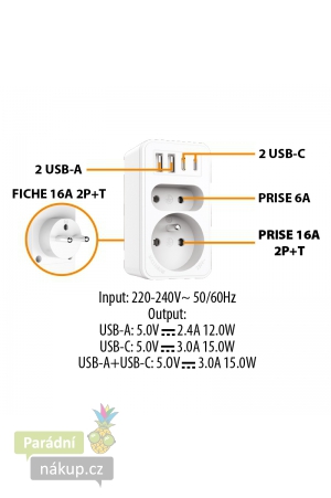 VELAMP zásuvková rozdvojka s USB-A+C