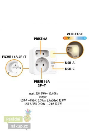 VELAMP zásuvková rozdvojka s USB-A+C a světlem